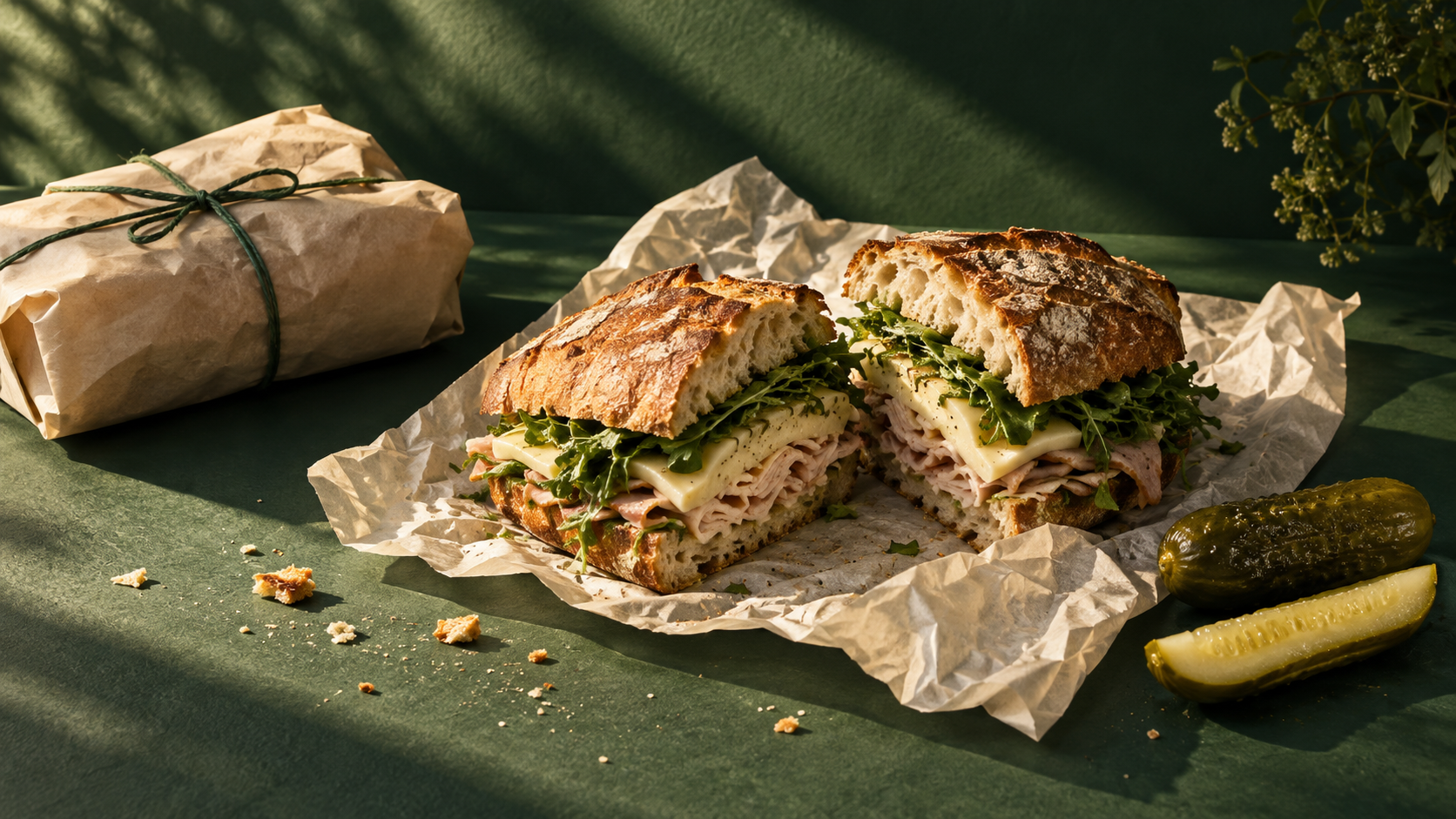 Illustrative still life of a wrapped deli sandwich and pickle on a forest-green table